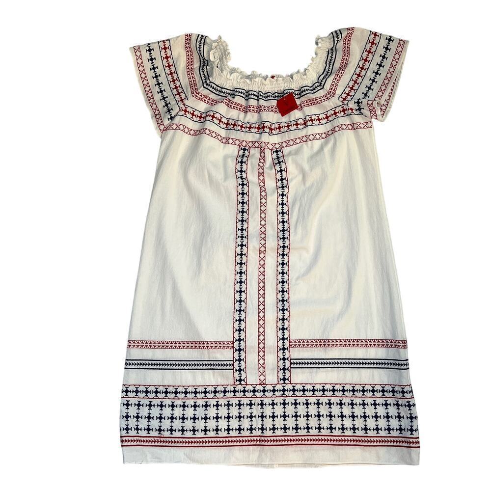 V Cristina White Cotton Peasant Dress On/Off Shoulder Red Blue Embroidery Size M